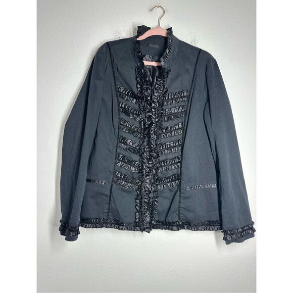 Simon Chang Denim Wear Women’s Bohemian Black Jacket Ruffle Satin Trim Sz20 Note - Picture 1 of 15